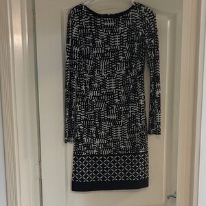 Jones New York Black and White Patterned Midi Dress